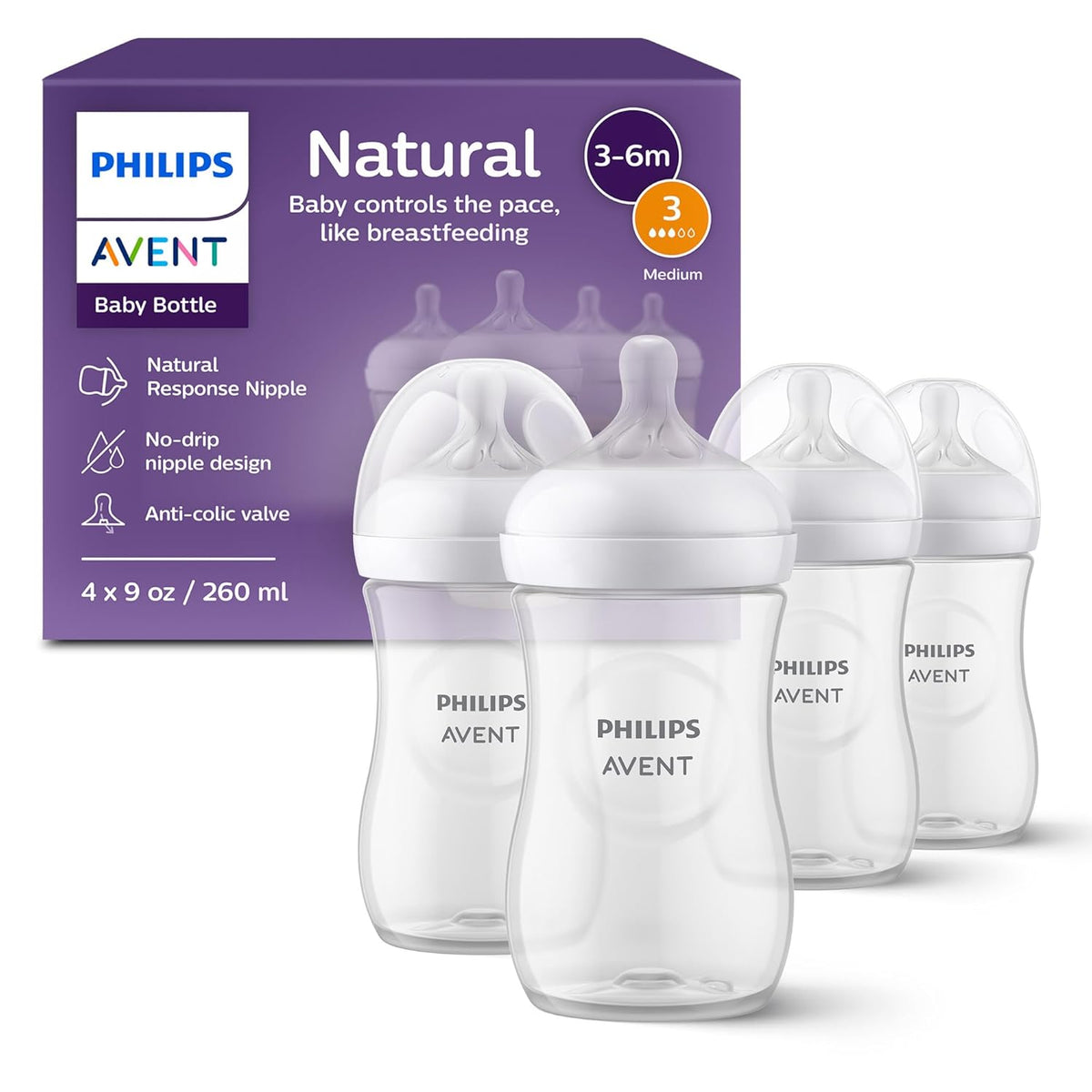 Philips Avent Biberones naturales, flujo medio, 9 onzas, sin BPA, p...