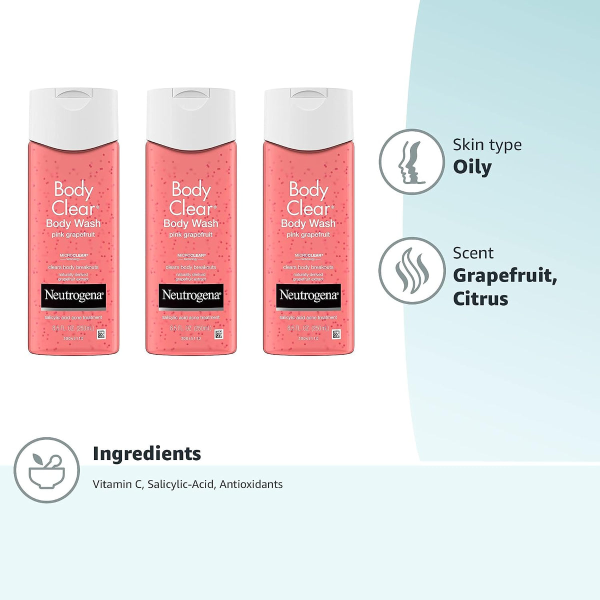 Neutrogena Body Clear Gel de baño para acné, pomelo rosa, fórmula d...