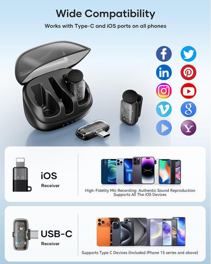 KUKIHO Mini 2 micrófonos inalámbricos Lavalier para iPhone 15\/16\/...