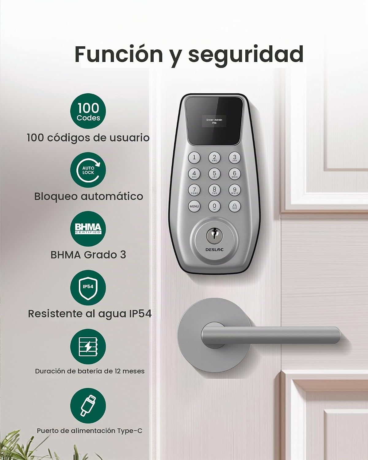 DESLOC Cerradura de puerta de entrada sin llave C100 con 2 manijas...
