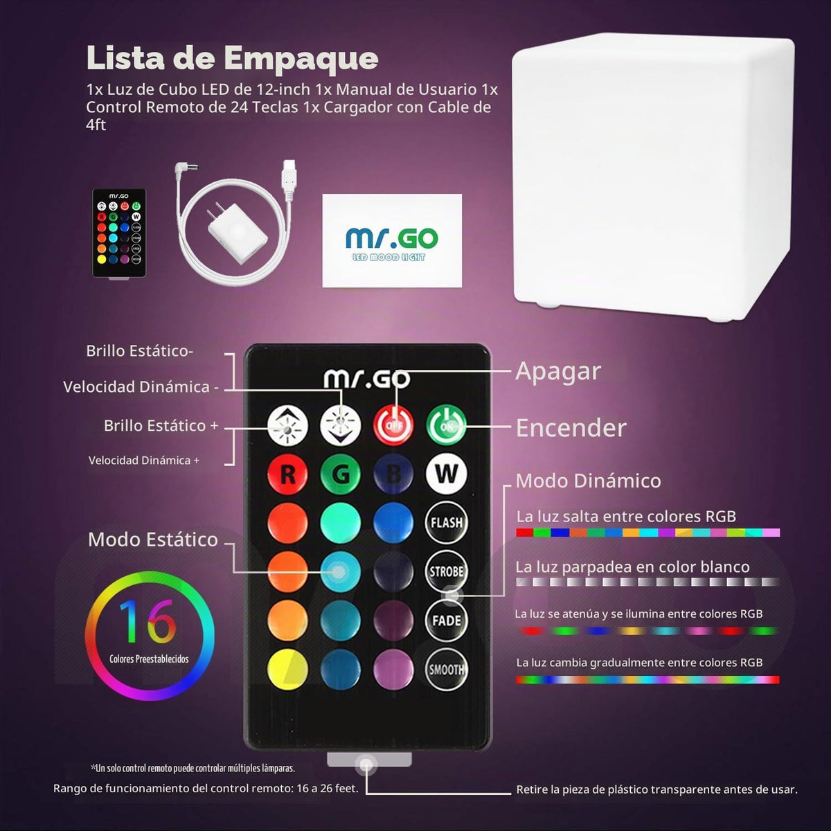 Mr.Go Taburete de luz LED mágico recargable de 30 cm con control re...