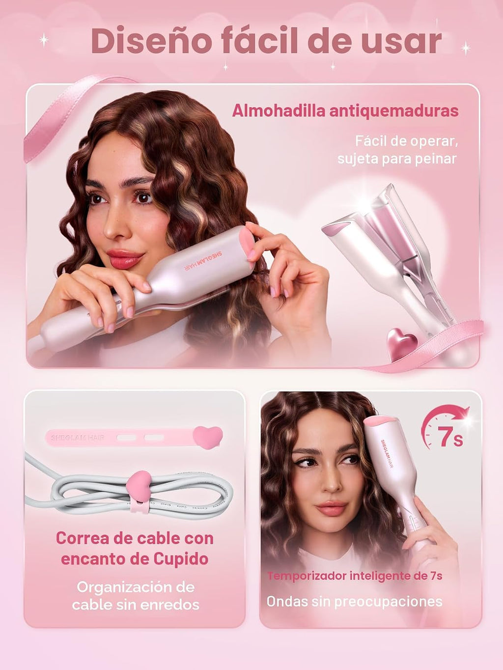 SHEGLAM - Ondulador de cabello ondulado de playa (rosa, 1 pulgada)