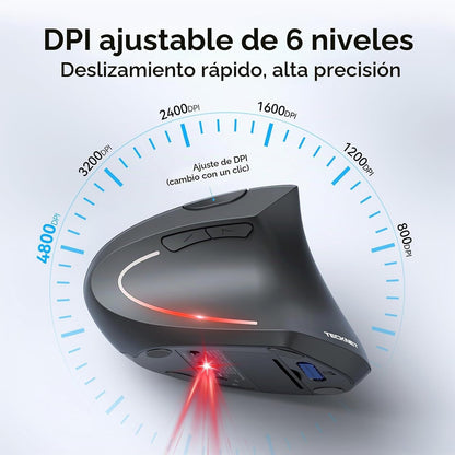 Ratón ergonómico TECKNET, 4800 DPI inalámbrico Bluetooth vertical,...