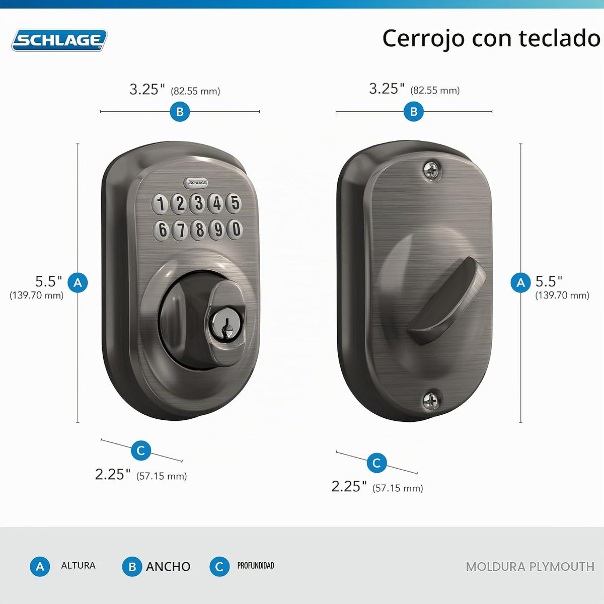 Schlage Cerradura electrónica del cerrojo del teclado, borde Plymou...