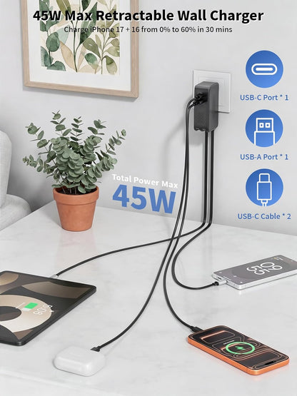 Cargador USB C retráctil, cargador de iPhone de 45 W, carga rápida,...