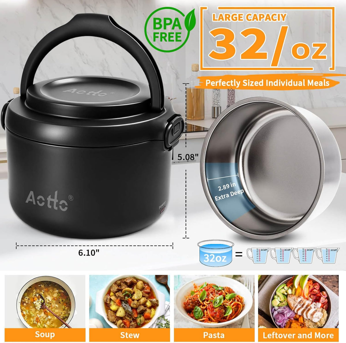 Aotto Fiambrera eléctrica, calentador portátil de alimentos de 32 o...