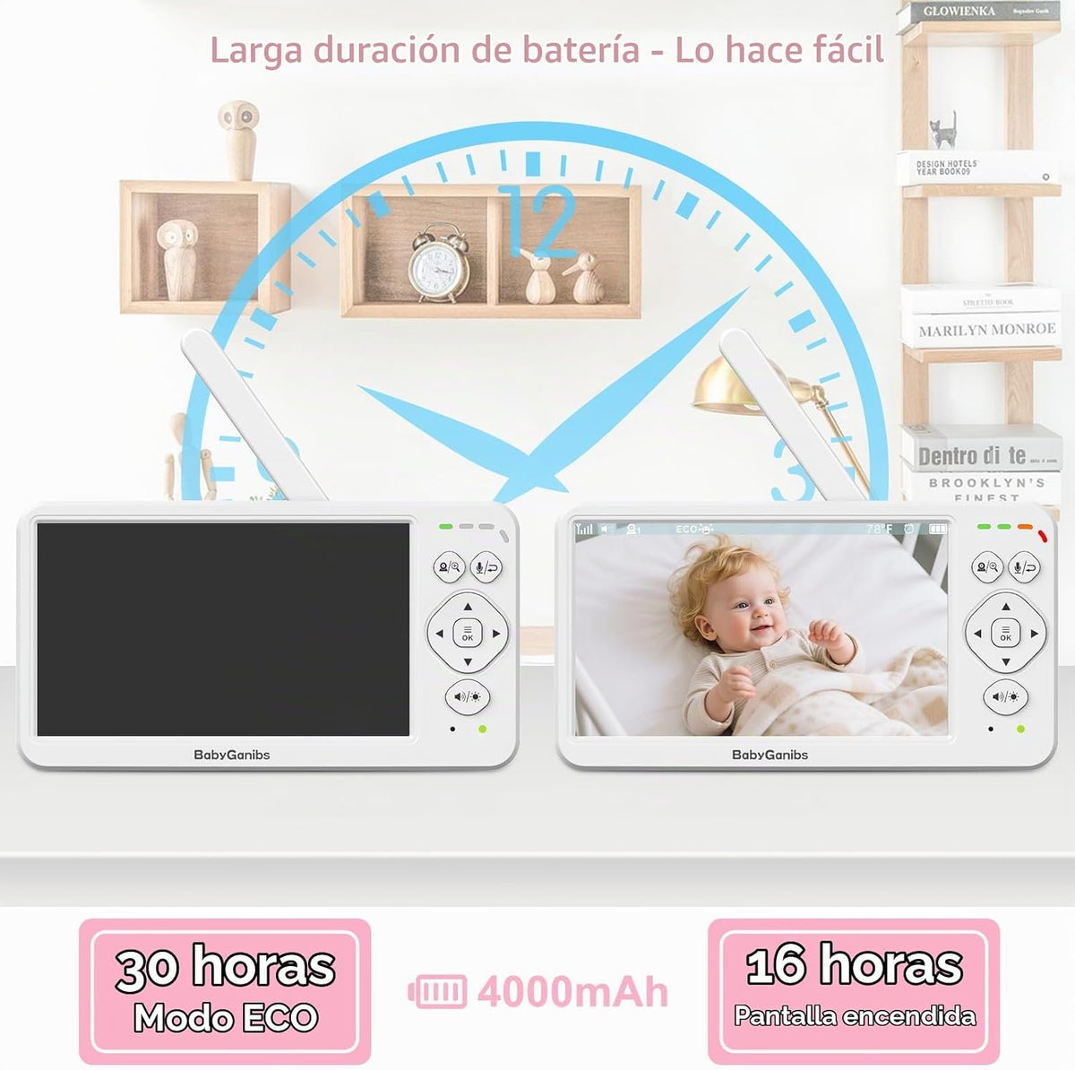 Baby Ganibs Monitor de bebé de pantalla grande de 6" con cámara...