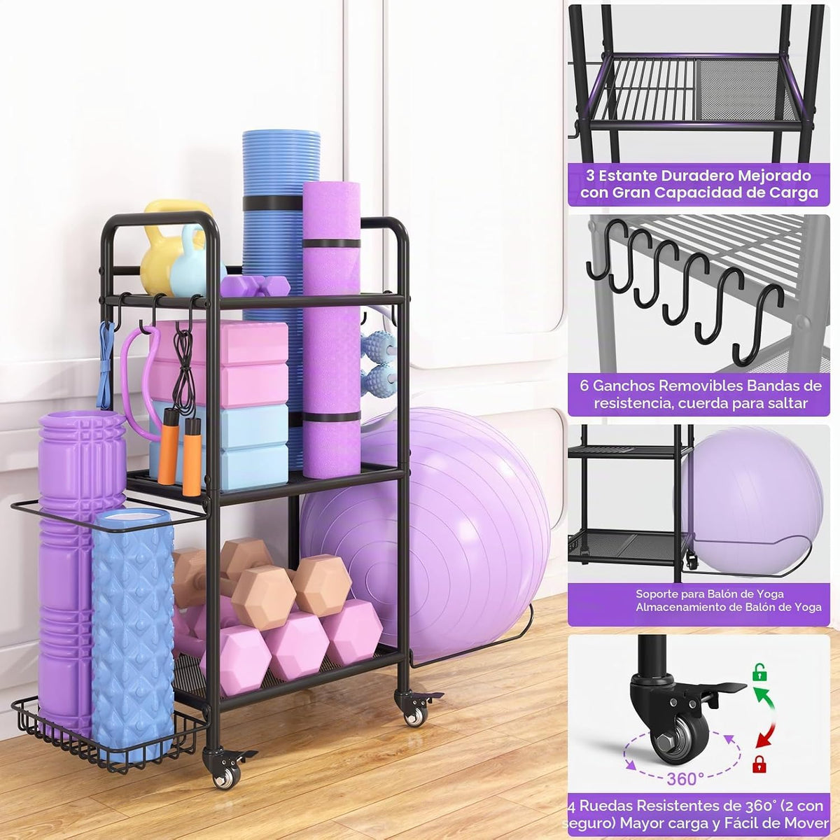 Estante de almacenamiento para gimnasio en casa, organizador de alm...