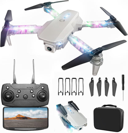 BEZGAR Drone con luces LED para adultos y niños principiantes, blan...