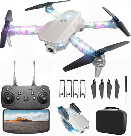 BEZGAR Drone con luces LED para adultos y niños principiantes, blan...
