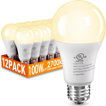 Paquete de 12 bombillas LED equivalentes a 100 W, A19 blanco cálido...
