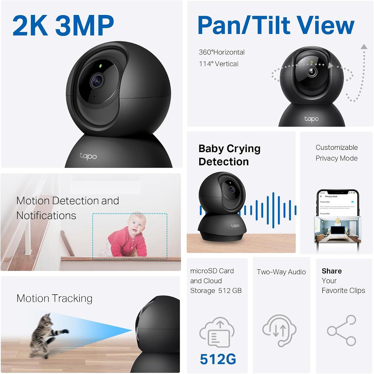 Cámara de seguridad Tapo 2K Pan Tilt para monitor de bebé, cámara p...