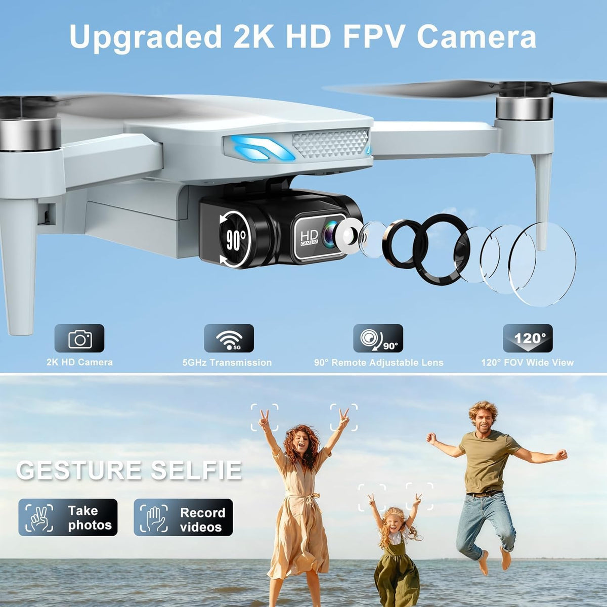 Drone 2K con cámara para adultos y principiantes, mini dron con 2 b...