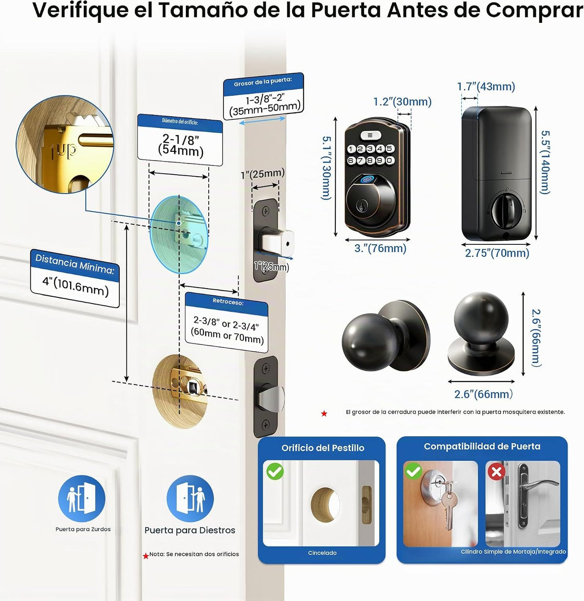 Veise Cerradura de puerta con huellas dactilares con 2 perillas - C...