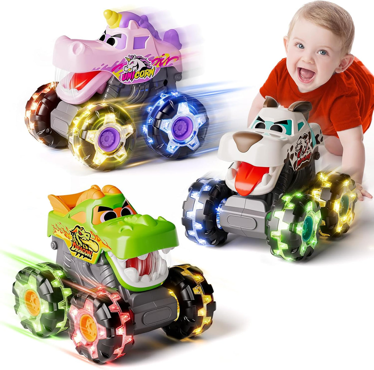 HOLA Paquete de 3 camiones monstruos iluminados para niños pequeños...