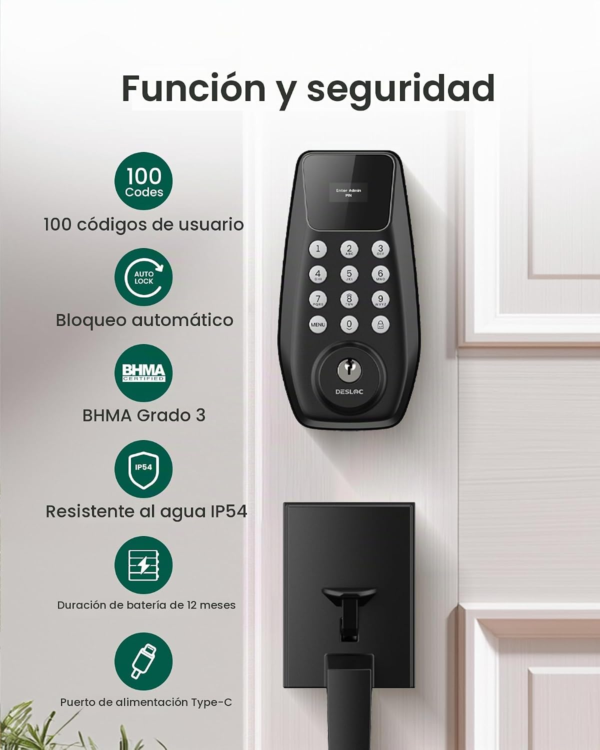 DESLOC Cerradura de puerta de entrada sin llave C100 con juego de m...