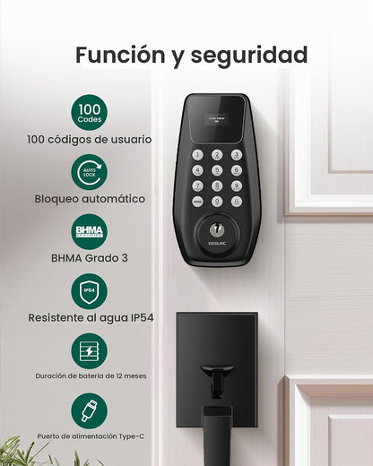 DESLOC Cerradura de puerta de entrada sin llave C100 con juego de m...