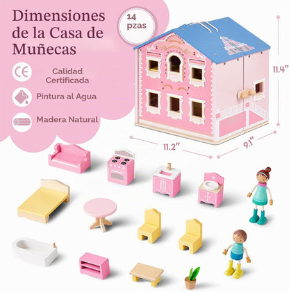 Exquisita casa de muñecas de madera rosa para niñas con muñecas y m...