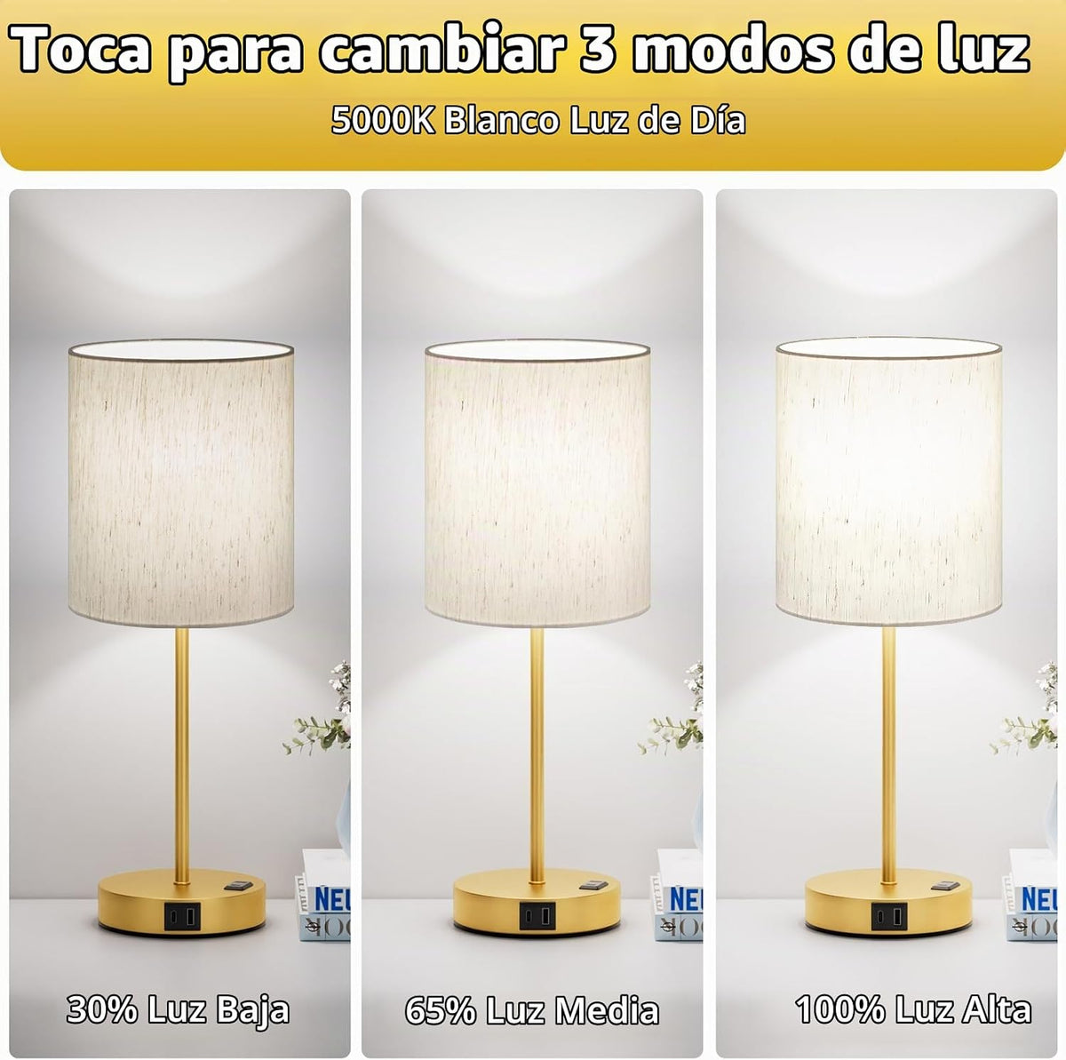 Juego de 2 lámparas táctiles doradas de 17.6" para dormitorio,...