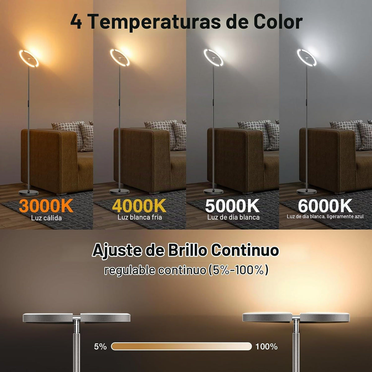 SIBRILLE Lámpara de pie LED gris plomizo, lámpara de pie giratoria...