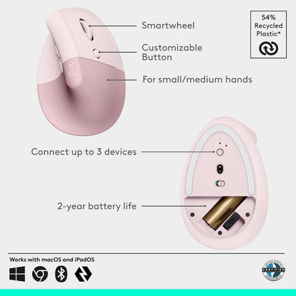 Ratón inalámbrico ergonómico vertical Logitech Lift - Rosa | Conéct...