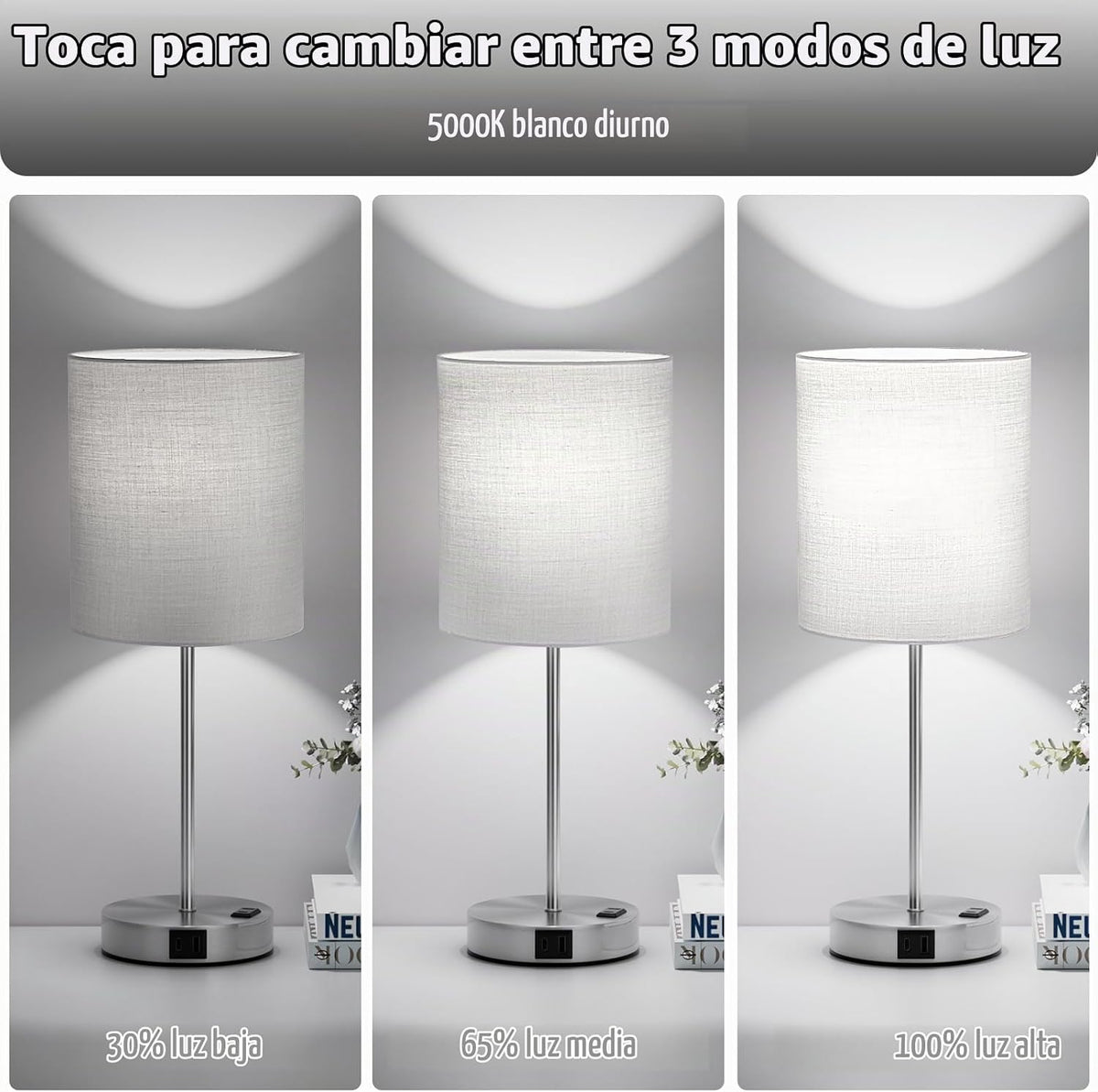Juego de 2 lámparas táctiles grises de 17.6" para dormitorio, r...
