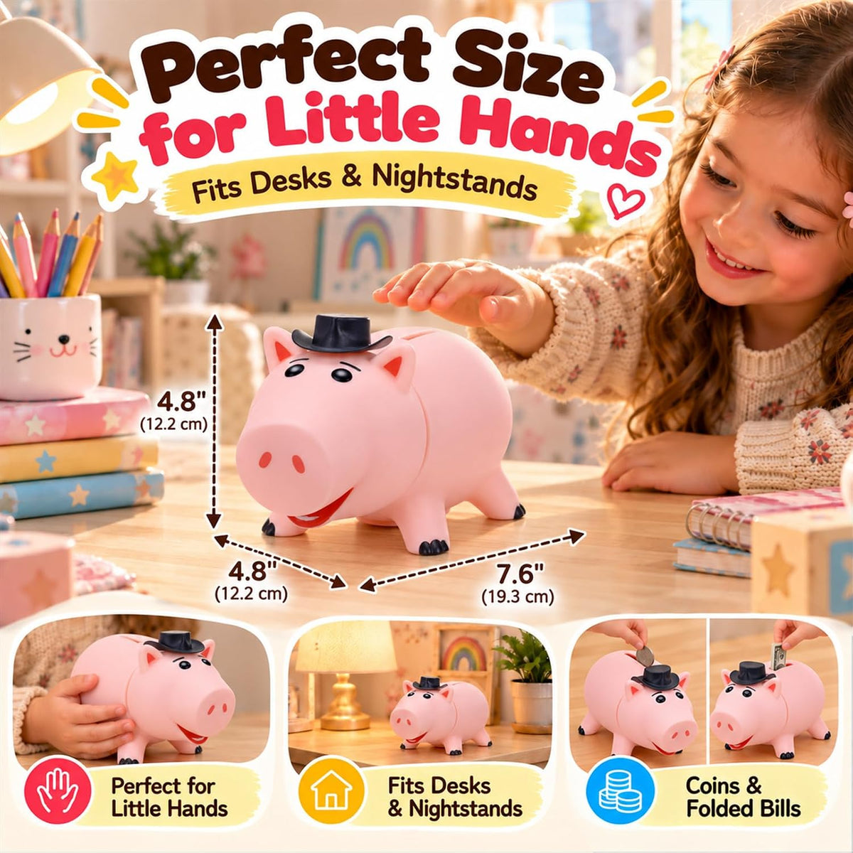 Alcancía irrompible para niños y niñas, hucha rosa grande con sombr...