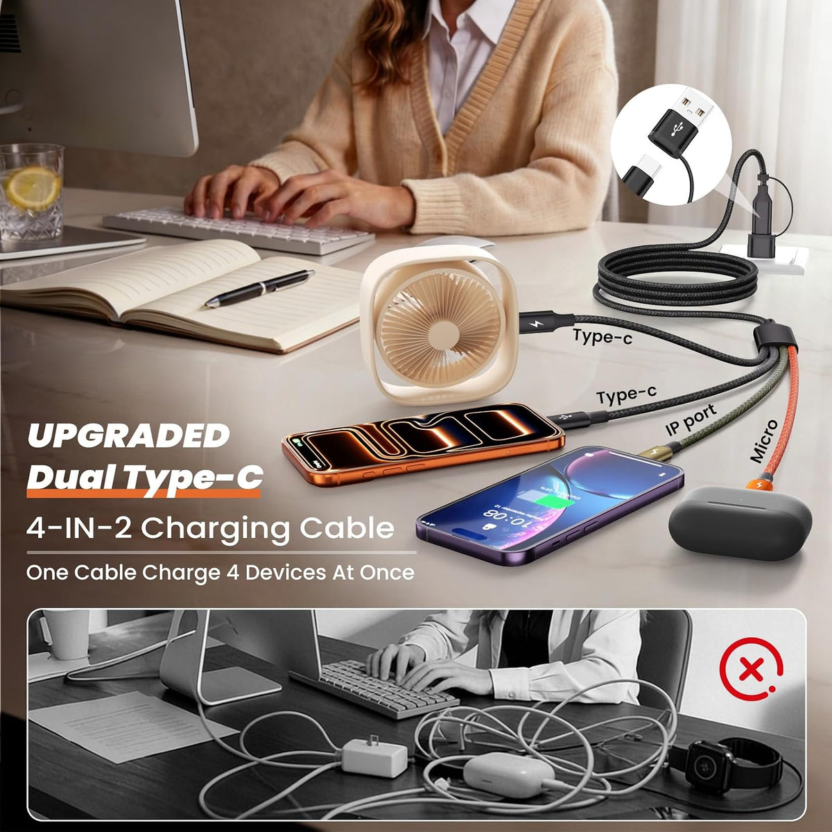 Cable de carga múltiple 4 en 2, paquete de 2 cables de carga de 5 p...