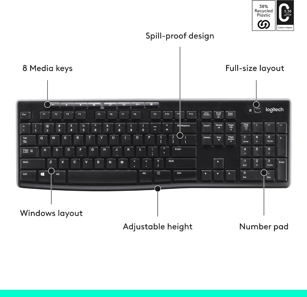 Teclado inalámbrico K270, receptor unificador USB, color negro, Neg...