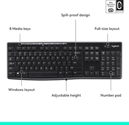 Teclado inalámbrico K270, receptor unificador USB, color negro, Neg...