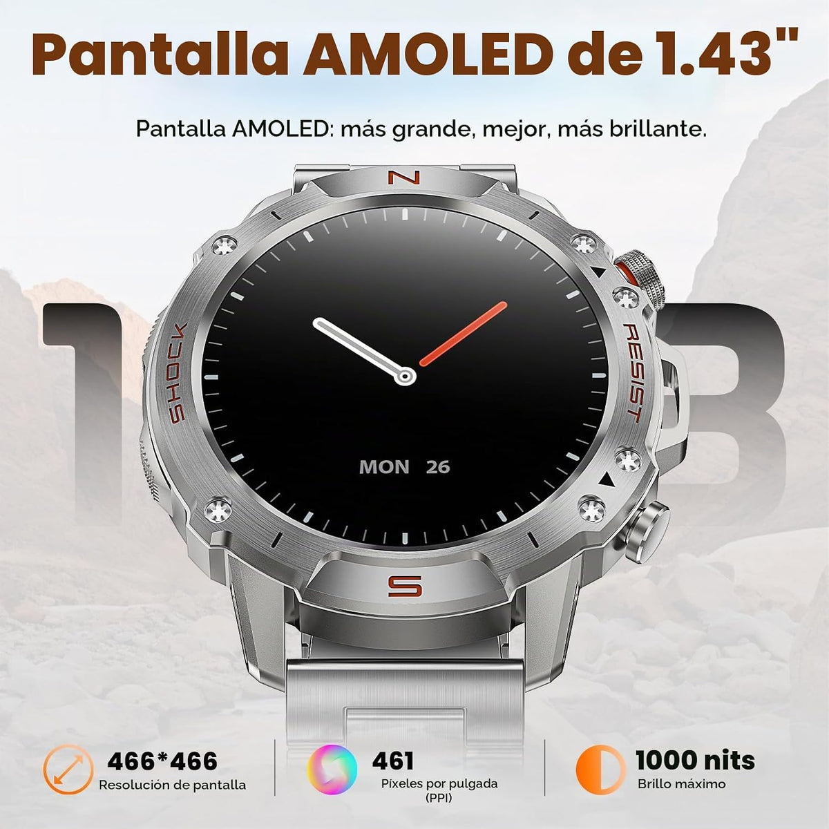 Reloj inteligente plateado para hombre, 1,43" AMOLED, resistente al...