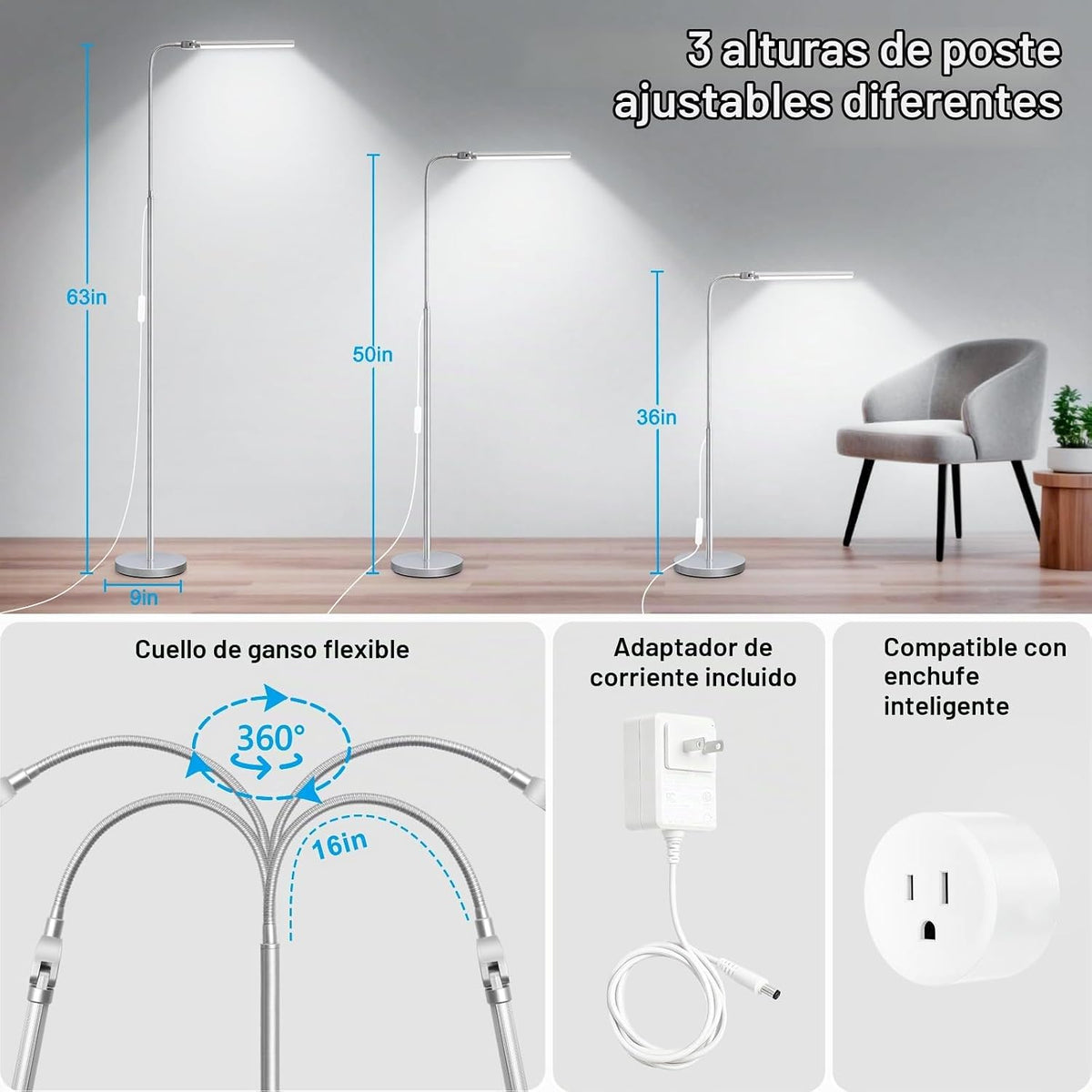 Lámpara de pie brillante, lámpara de pie LED plateada de 18W\/2000L...