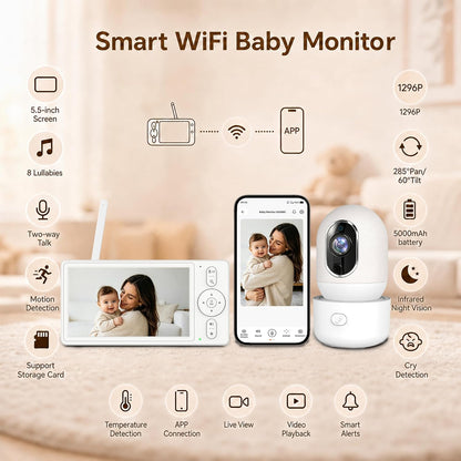 OKAIDI Monitor de bebé inteligente WiFi IPS HD de 5,5 pulgadas con...