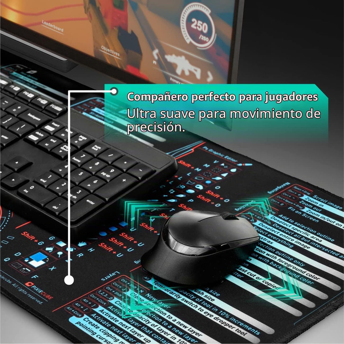 Pixiecube - Alfombrilla extendida para mouse con teclas de acceso r...