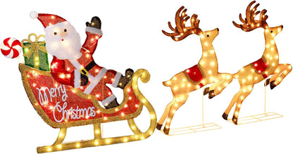 Arborvigro Juego de 3 piezas de trineo y reno de Papá Noel iluminad...