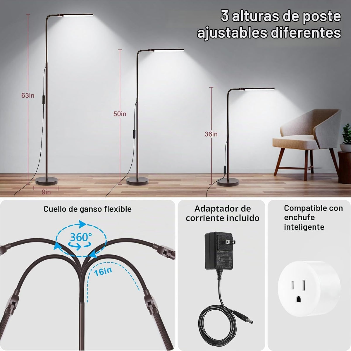 Lámpara de pie, 18 W\/2000 lúmenes, lámpara de pie LED brillante co...