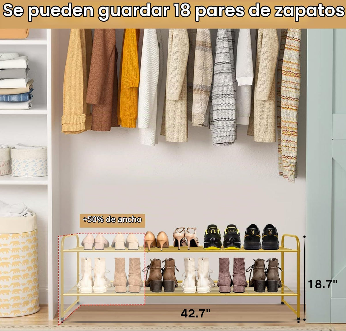 KEETDY Zapatero largo de 2 niveles para armario, organizador de zap...