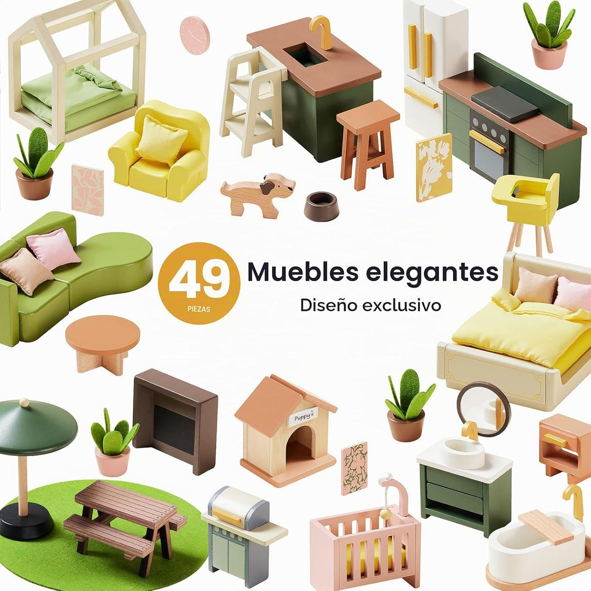 Tiny Land Casa de muñecas de madera, casa de muñecas familiar moder...