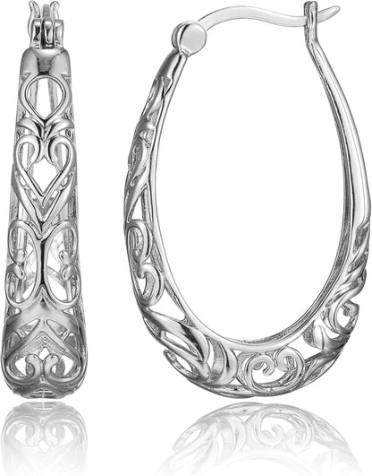 Amazon Collection Pendientes de aro ovalados de filigrana de plata...