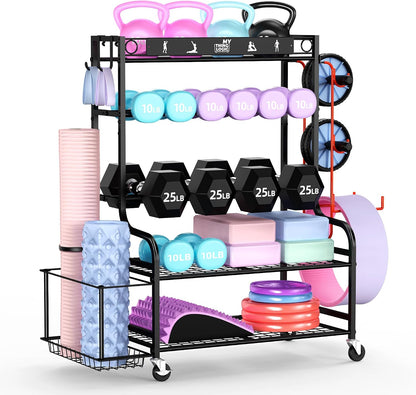 Mythinglogic Estante de gimnasio en casa para mancuernas, esterilla...