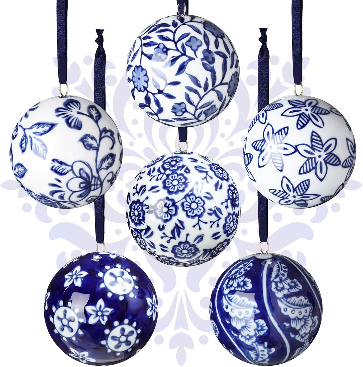 Cindeer - 6 bolas de porcelana de Navidad azules y blancas, estilo...