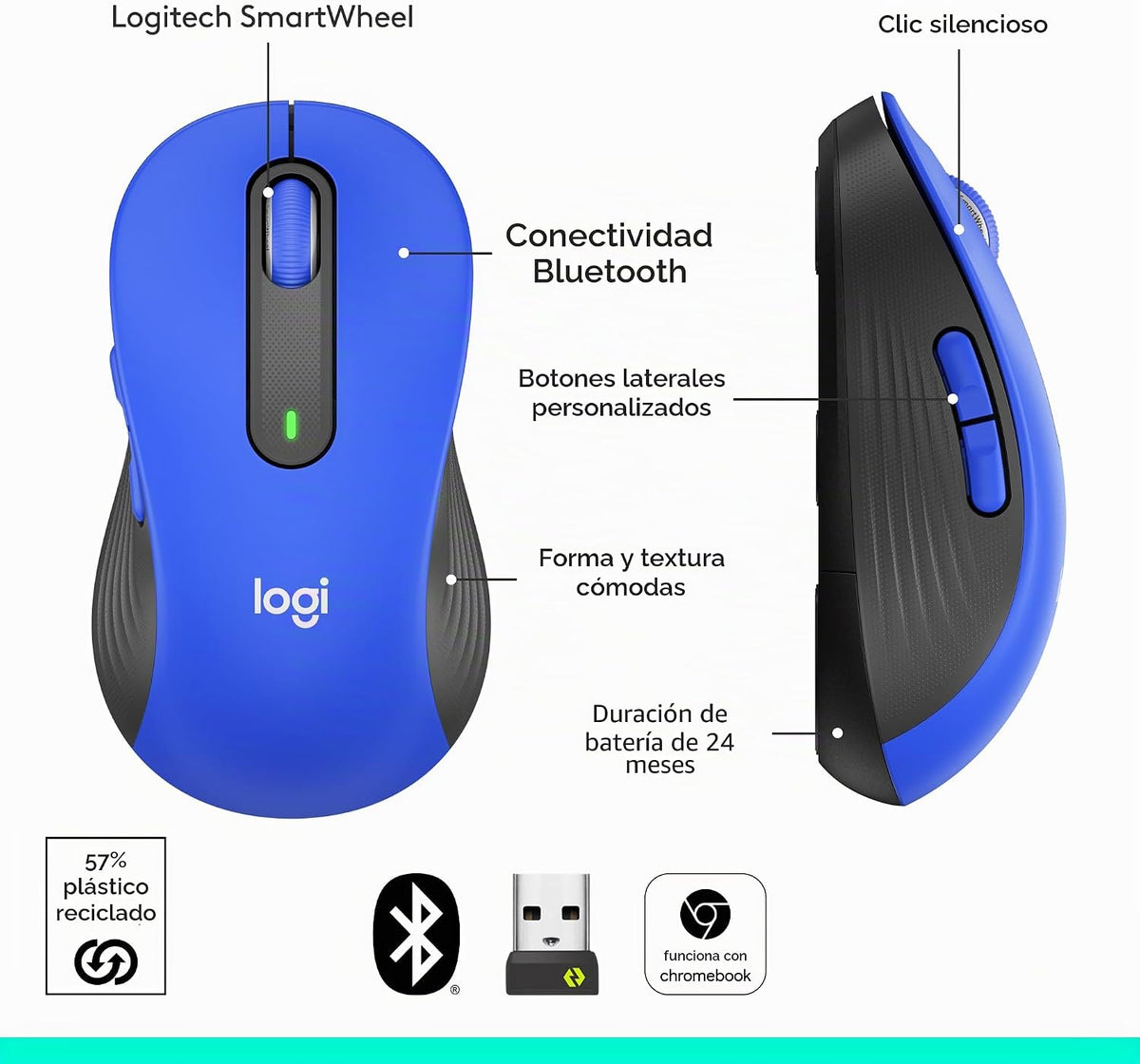 Ratón inalámbrico Logitech Signature M650 L de tamaño completo - Az...