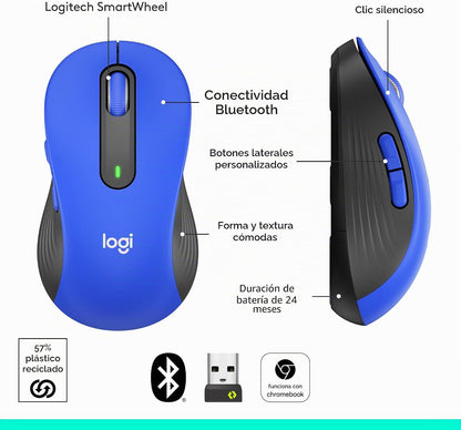 Ratón inalámbrico Logitech Signature M650 L de tamaño completo - Az...