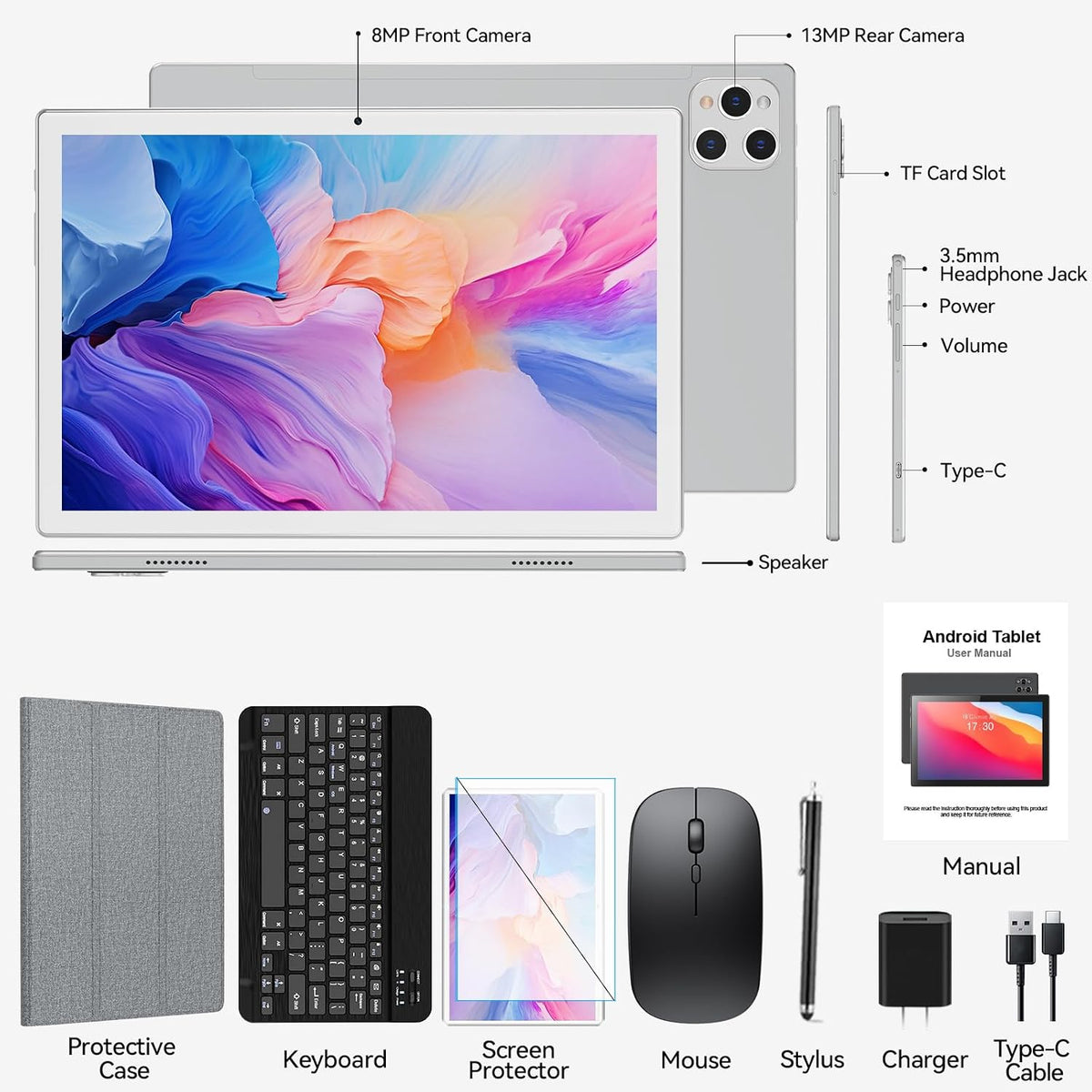 Tablet Android de 10 pulgadas, 16 GB + 128 GB, 2 en 1 plateado con...