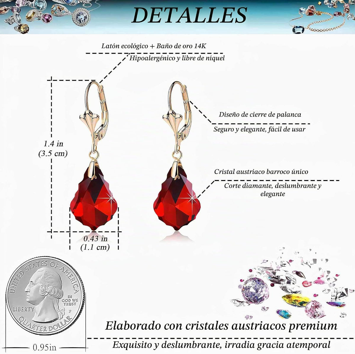 Aretes de cristal austriaco barroco con cierre de palanca para muje...