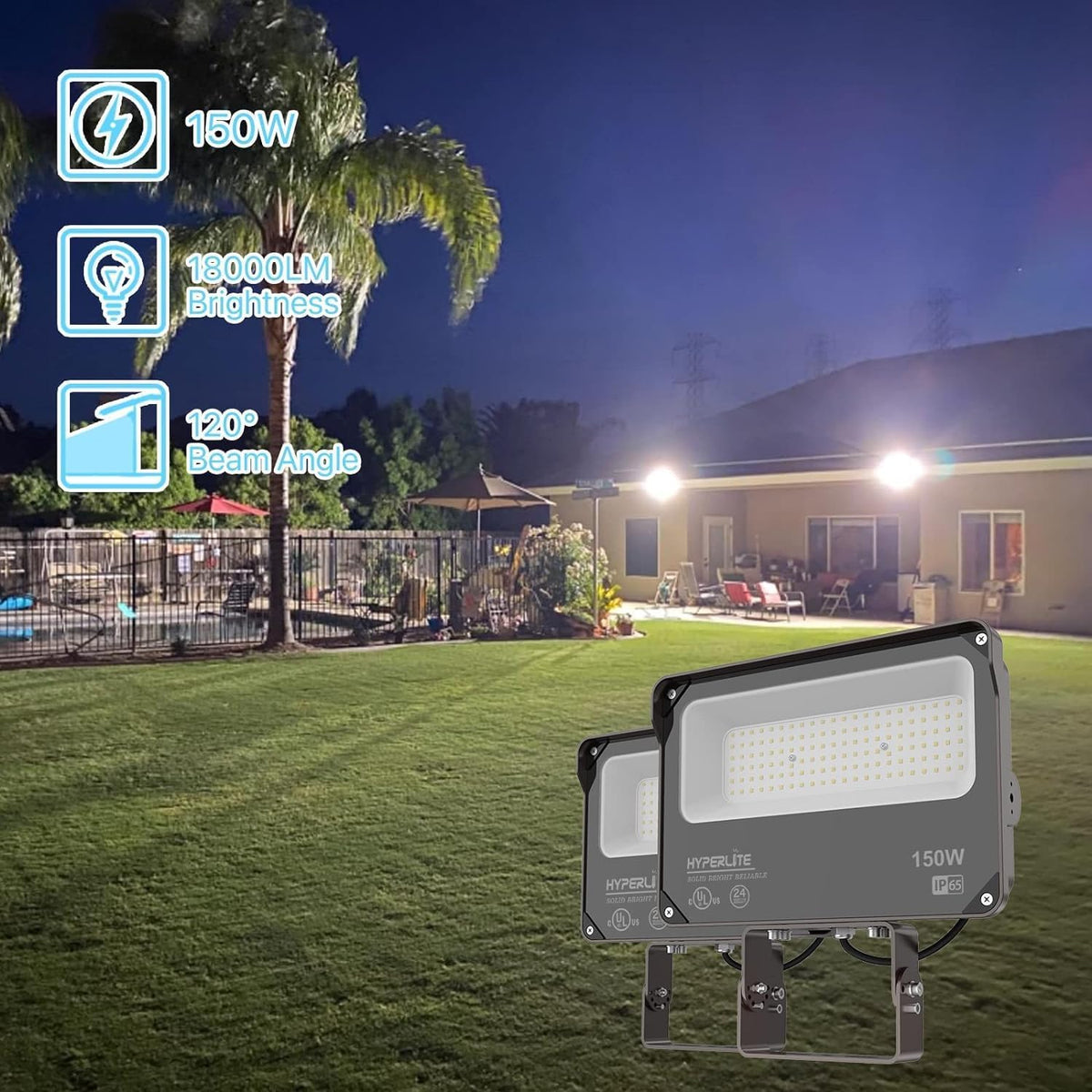 HYPERLITE Luz de inundación LED de 150 W, 2 unidades, 18000 lm, 500...