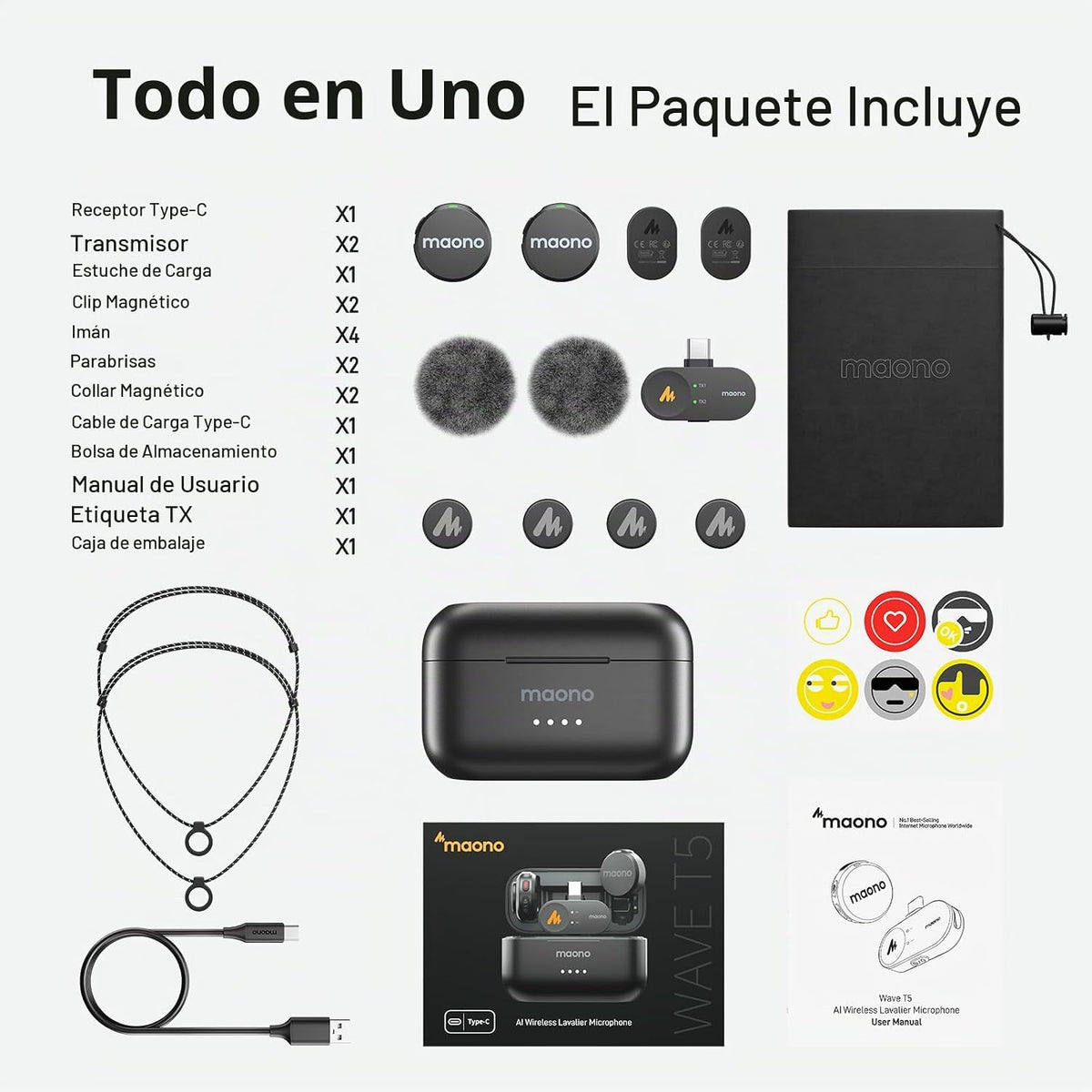 Micrófono Lavalier inalámbrico MAONO Wave T5 para teléfono Android...