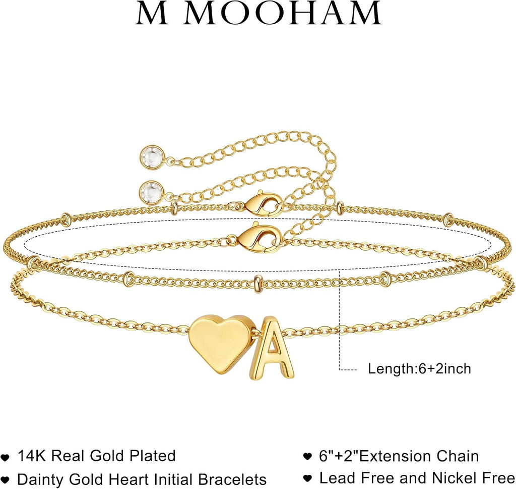 M MOOHAM Pulseras de oro con inicial de corazón para mujer, pulsera...
