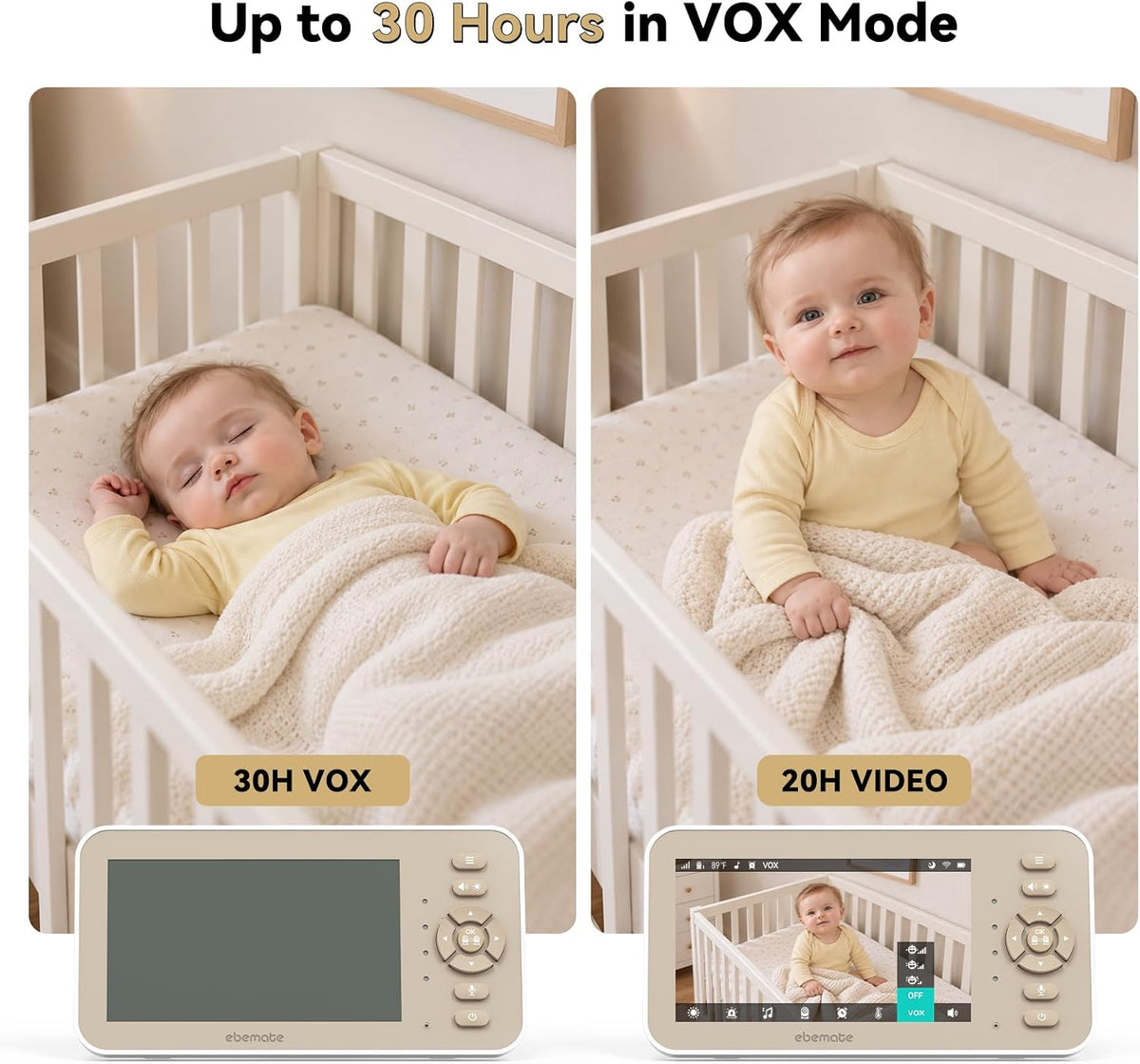 ebemate Monitor de video para bebés con 2 cámaras y audio, pantalla...