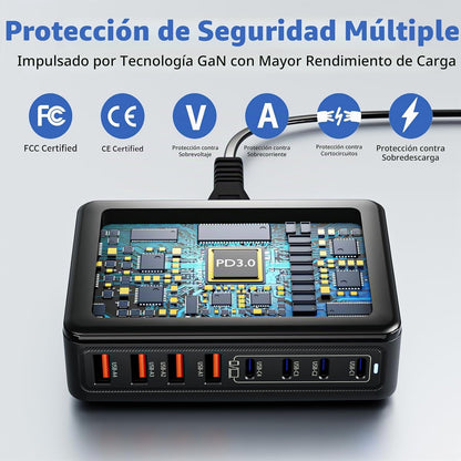 Bloque de cargador USB C, 200 W, GaN 8 puertos, estación de carga U...